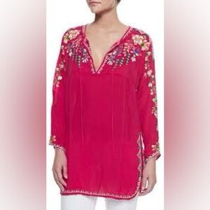NWTJohnny Was Vanessa Cupro Blouse Red Embroidered Long Sleeve Tunic Boho Luxe S
